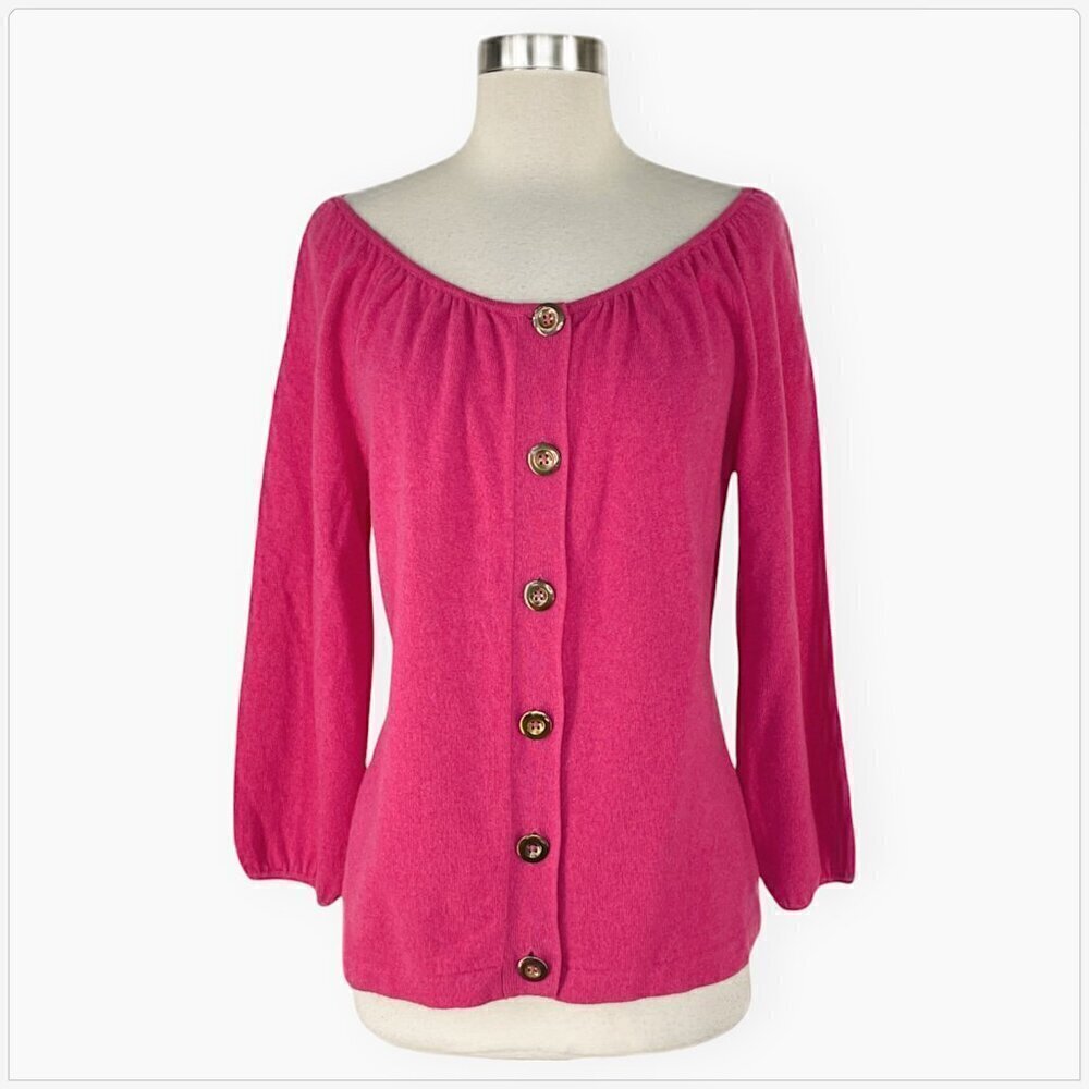Anne Klein AK Pink 100% Cashmere Button Front Scoop Neck Cardigan Sweater Top L
